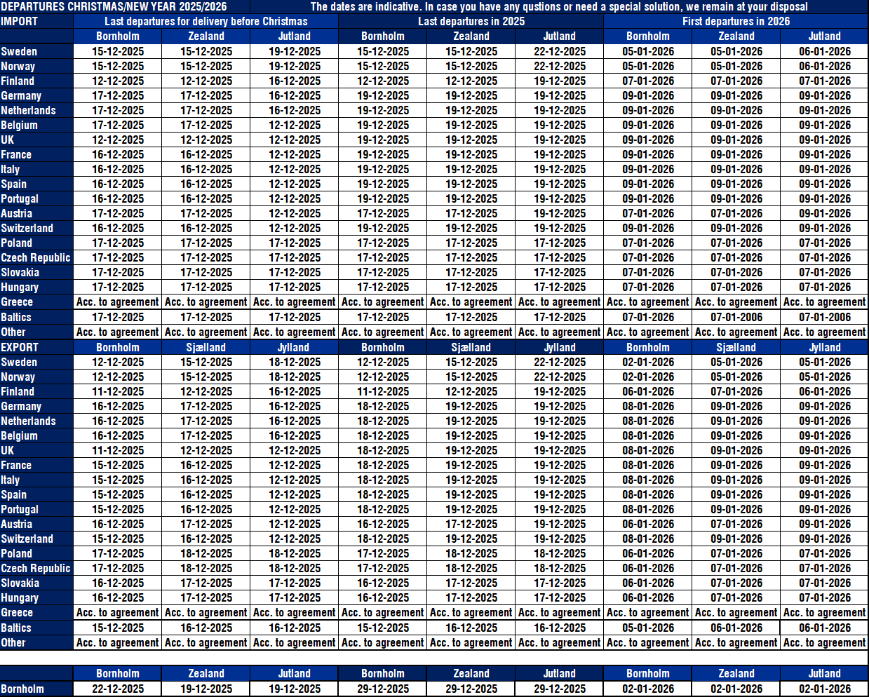 Departures Christmas/New Year 2025/2026
